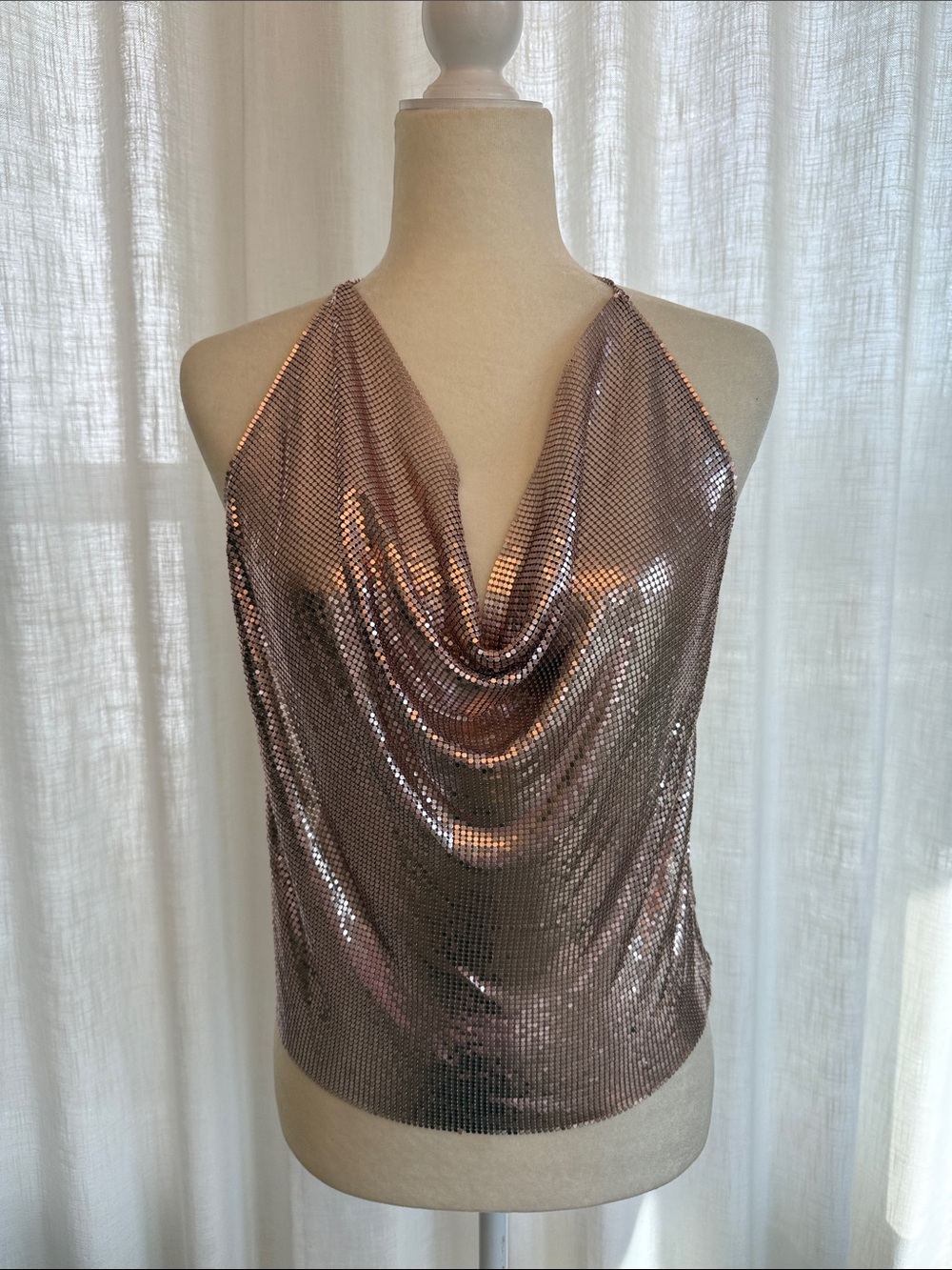 NWT Express Metallic Rose Gold Cowl Neck Beaded Top